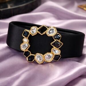 Black Gem-Embellished Women's Belt with Gold Ring Accent